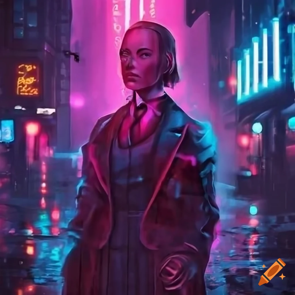neon-lit cyberpunk street scene in the rain