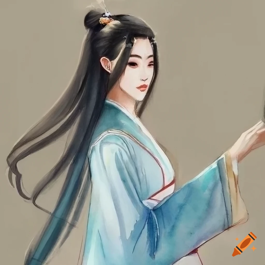 watercolor sketch of a Chinese lady playing a scroll