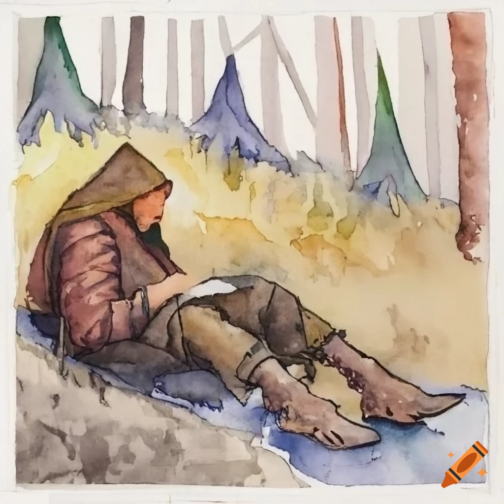 Watercolor painting of a person sleeping in the wilderness on Craiyon