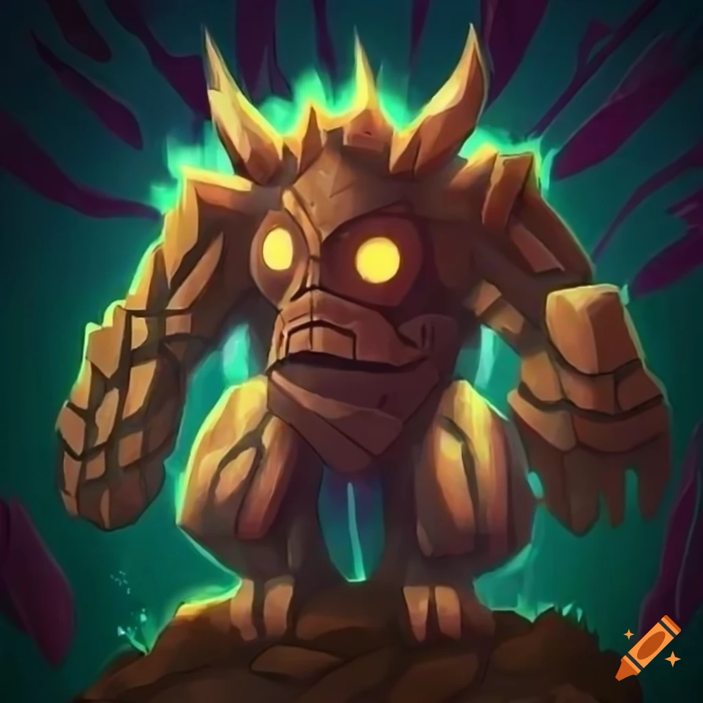 anime art of a golem with a totem pole theme