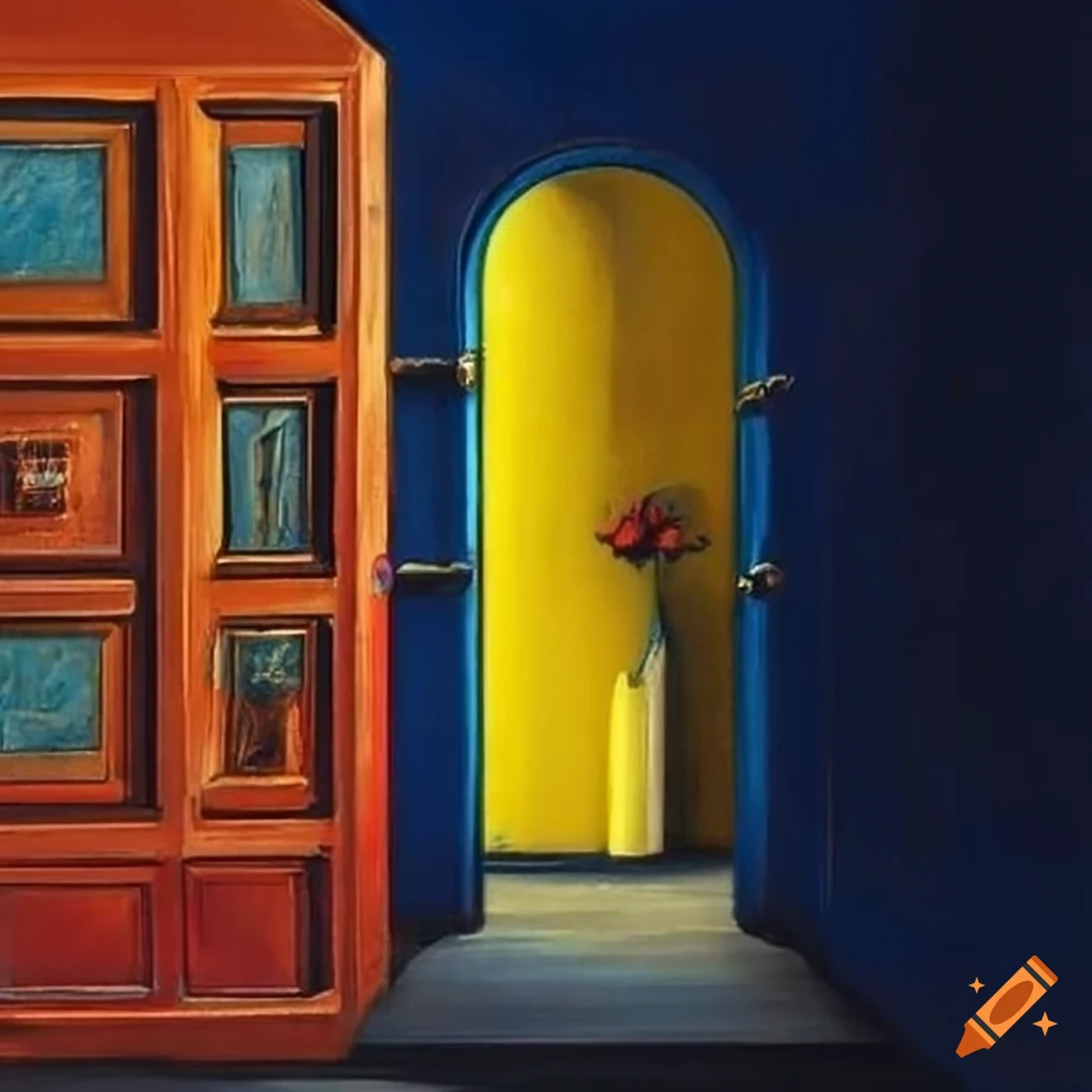abstract surrealism with colorful door and flower vase