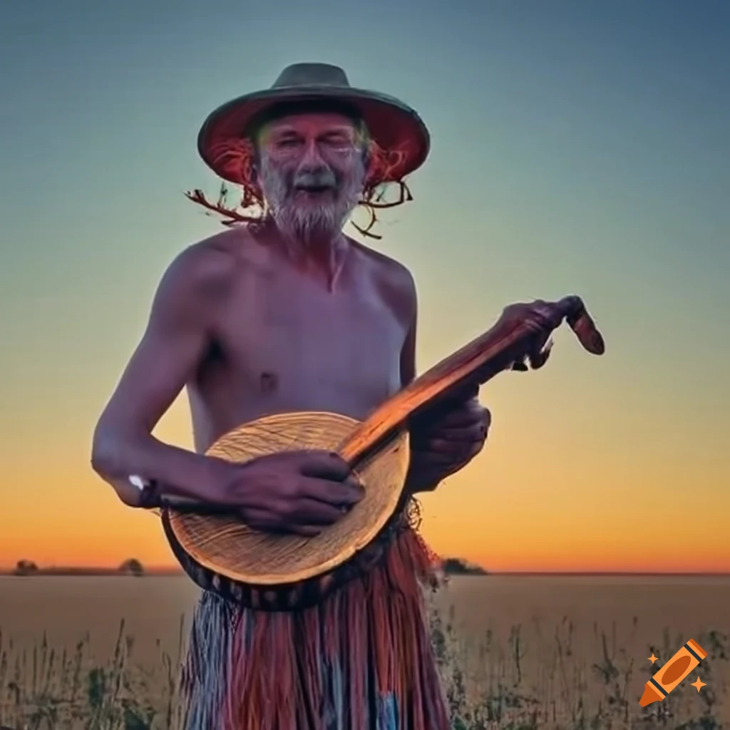 image of a man playing a banjolele in a crop circle at sunset