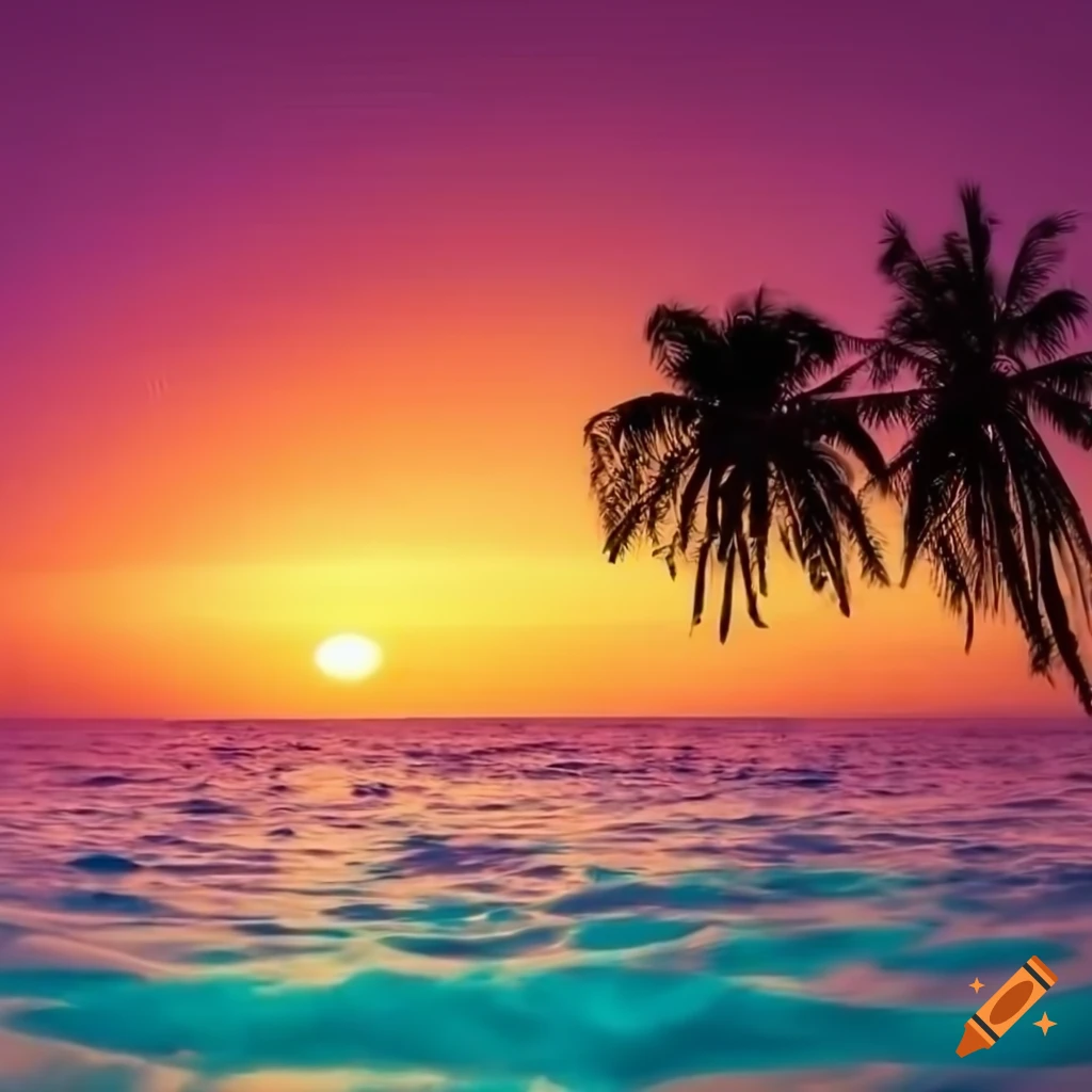 vibrant beach scene with pink sky and turquoise water