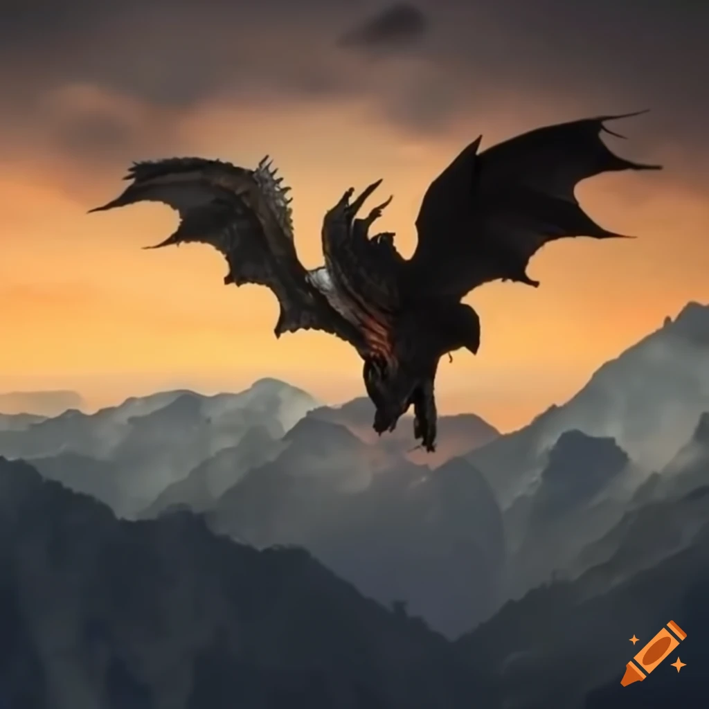 black dragon flying and breathing fire