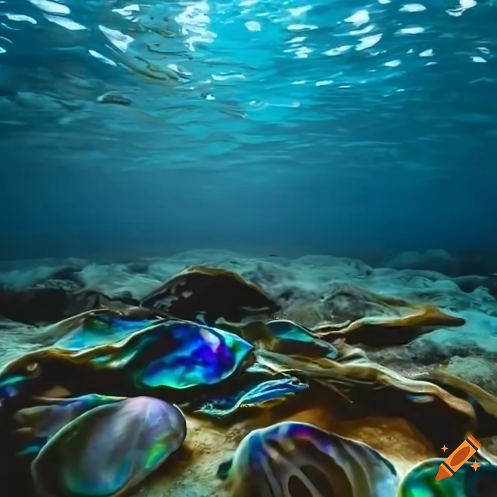 seaweed, paua shells, and ocean creatures on the ocean floor