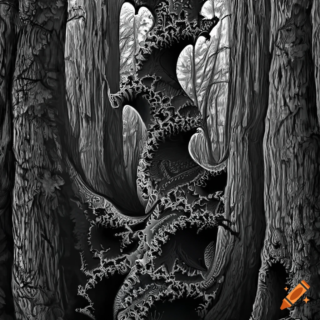 monochrome woodcut of a gnarled forest