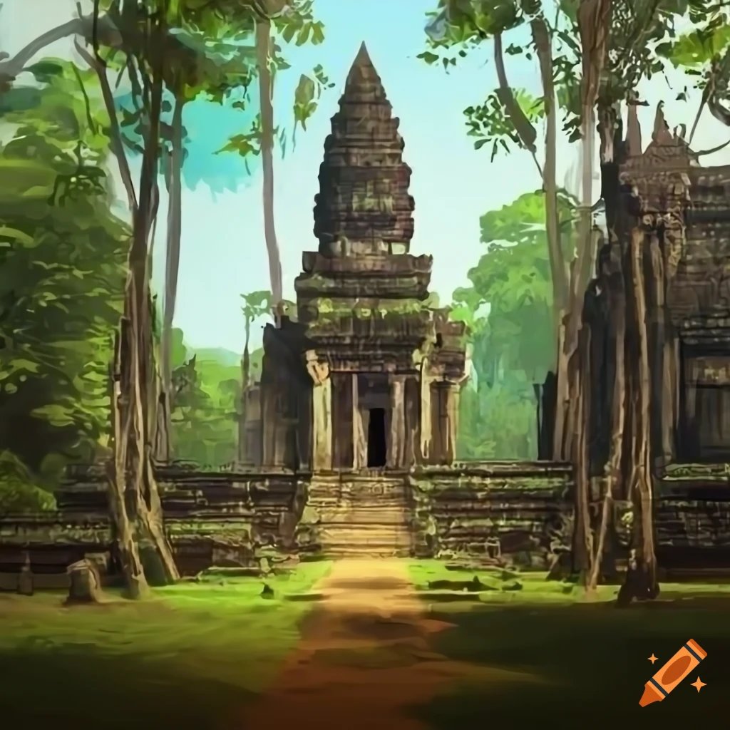 Monk walking in the Cambodian jungle towards a temple on Craiyon