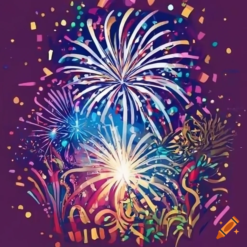 Festive greeting card with fireworks and confetti on craiyon