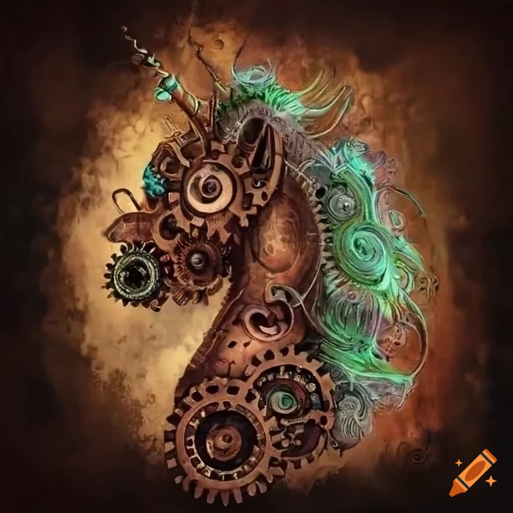 Steampunk unicorn sculpture with gears on Craiyon