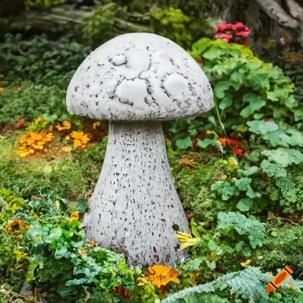 concrete mushroom sculpture in a flower garden