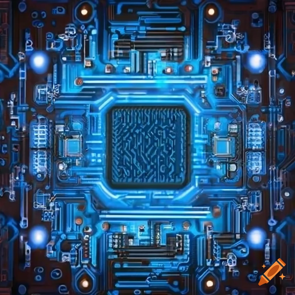 Blue abstract circuit board design with cpu chip on Craiyon