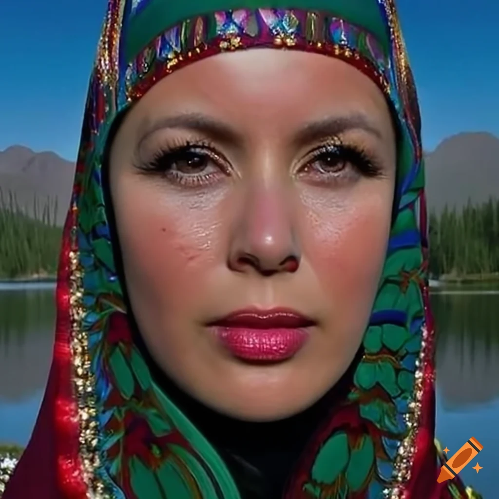 hyperrealistic portrait of a woman at a mountain lake sunset