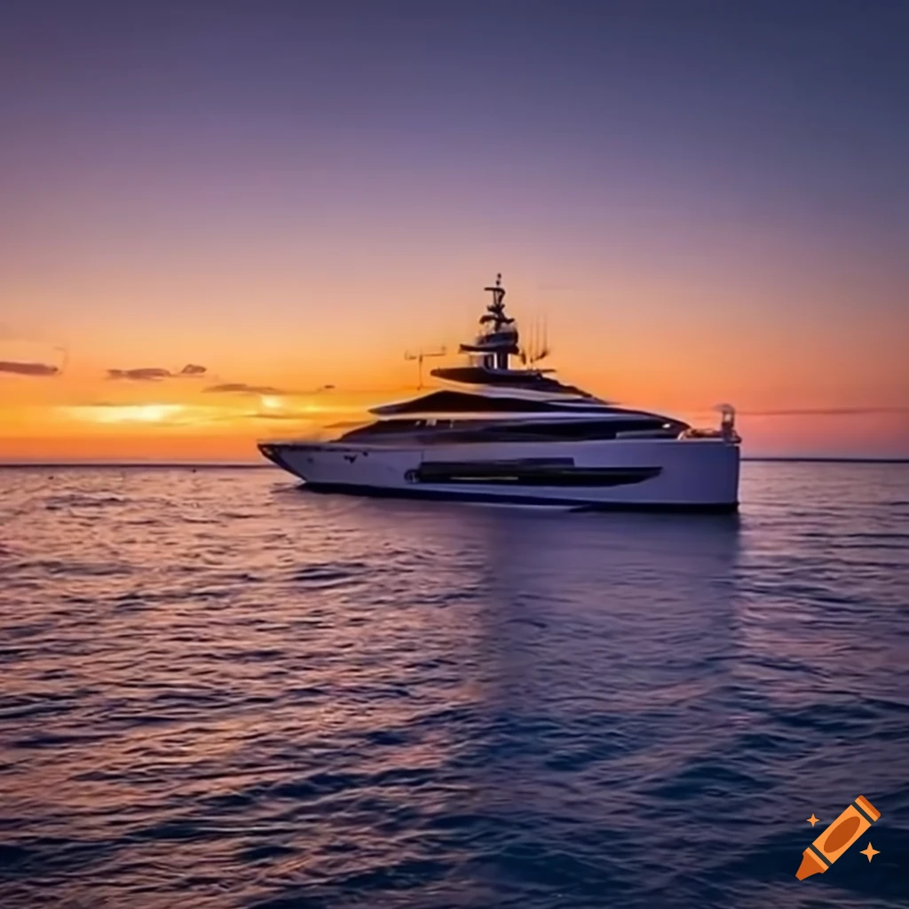 sunset view of a yacht with dolphins jumping
