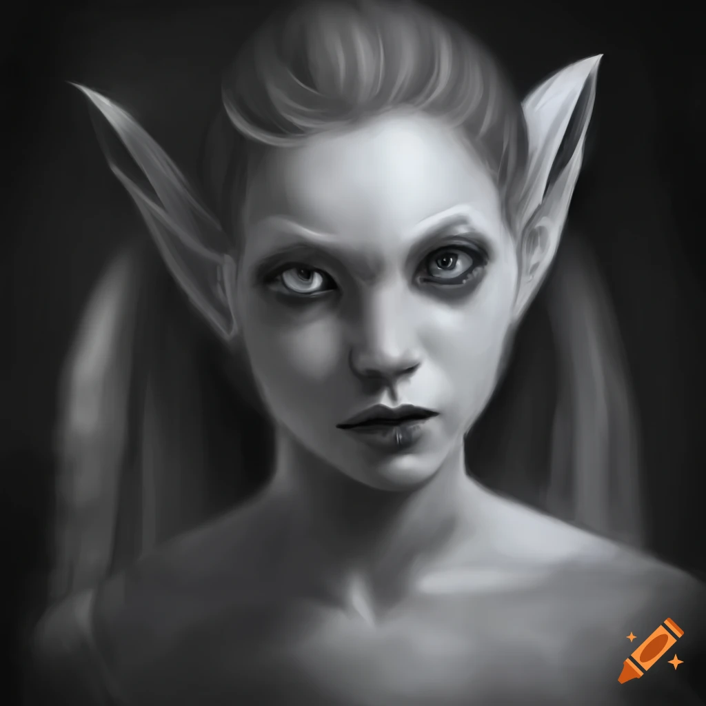 Black and white portrait of an elf on Craiyon