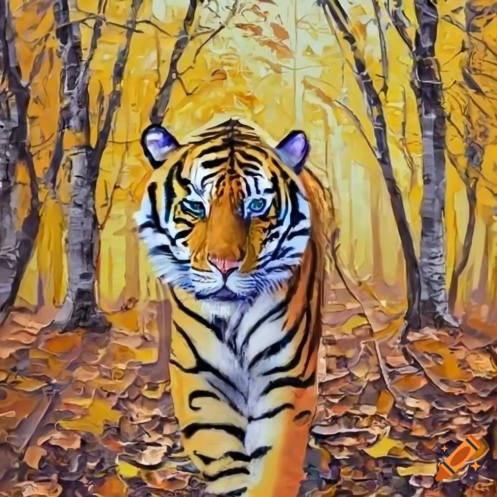Knife palette painting of a yellow gold tiger in an autumn forest on