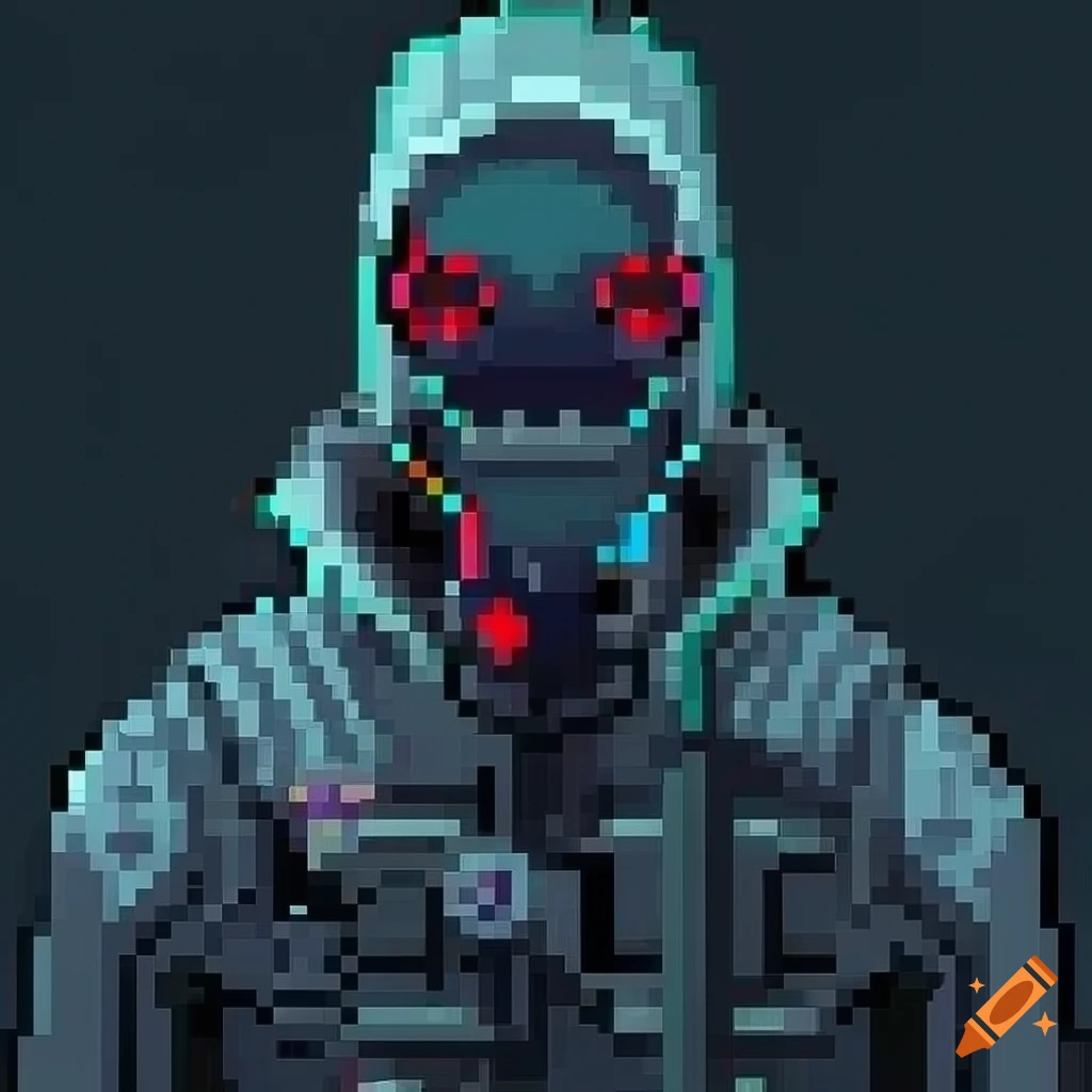 black and white pixel art of a masked cyberpunk guy with implants