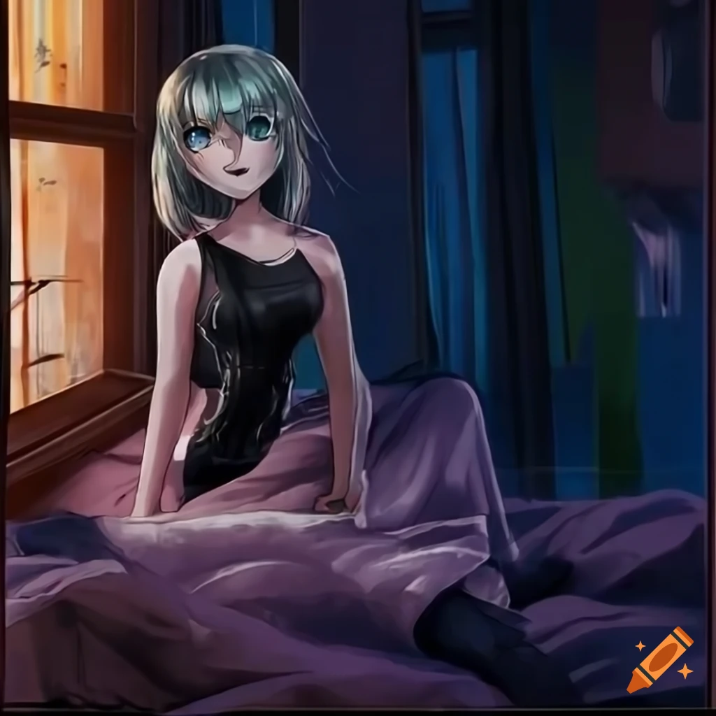 anime character in futuristic outfit sitting in a bedroom with city view