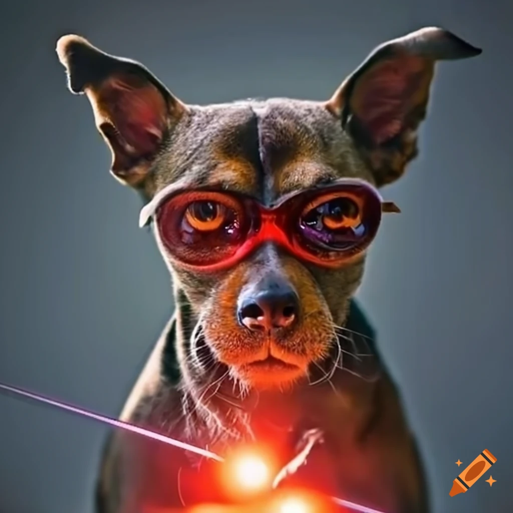 Funny dog with glasses and laser pointer
