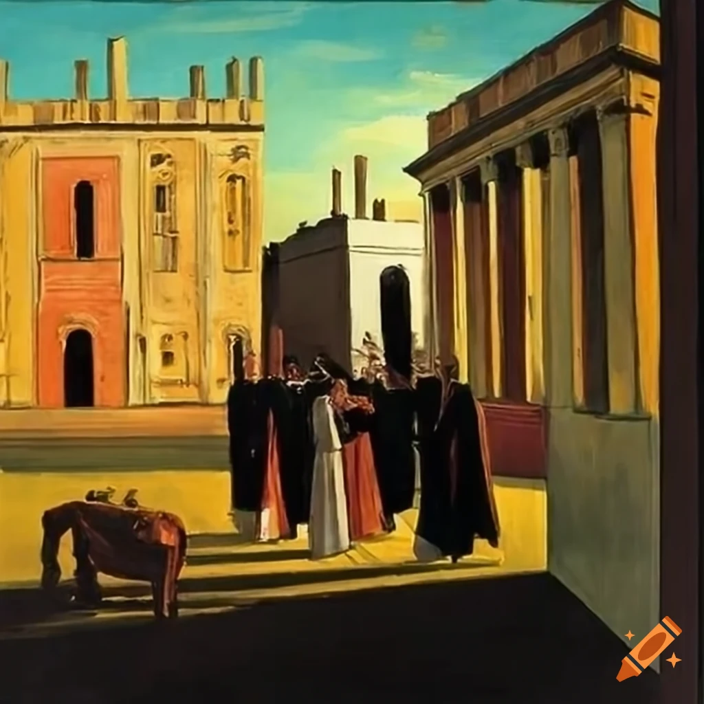 painting of a university procession by Giorgio de Chirico