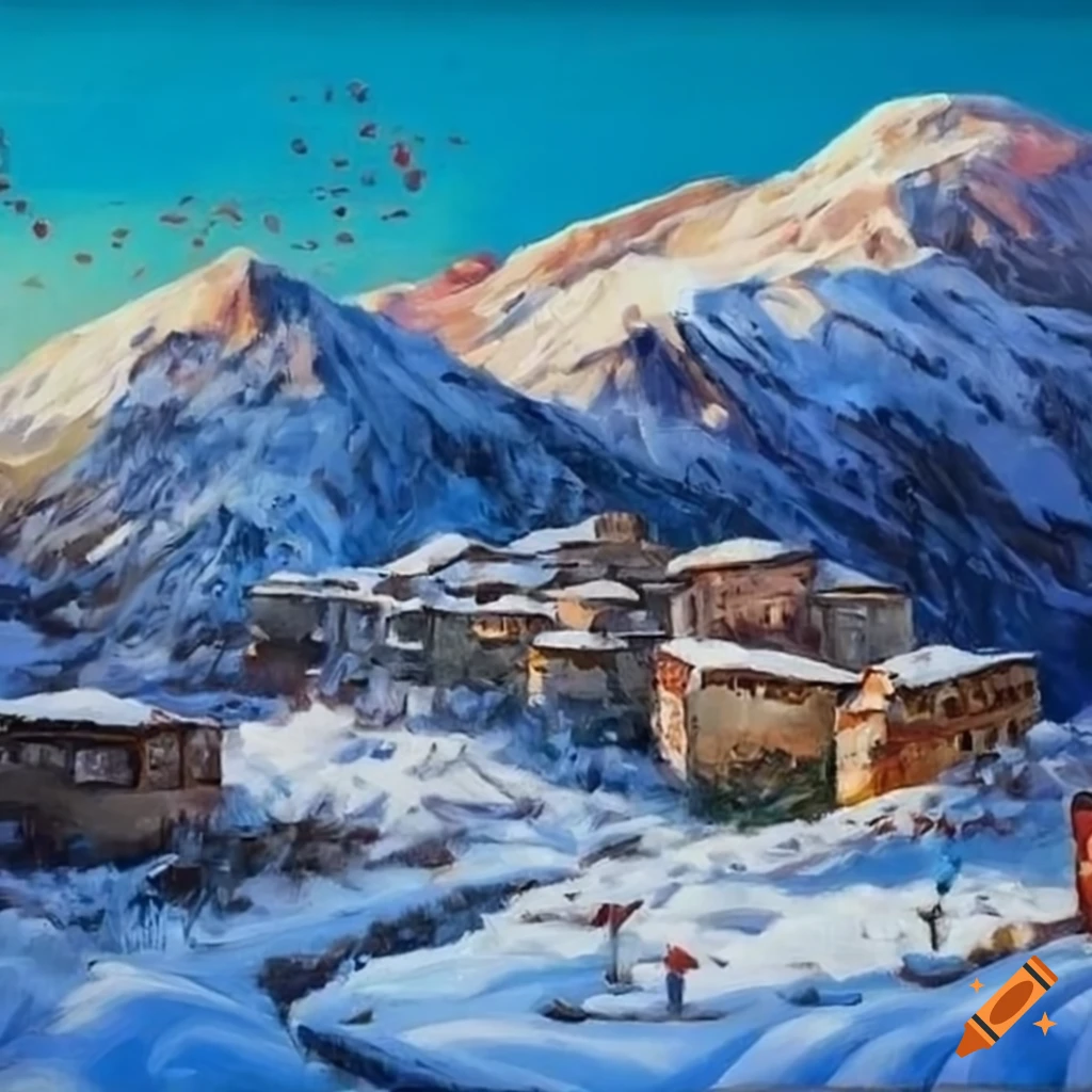 Oil painting of a snow-covered mountain village on Craiyon