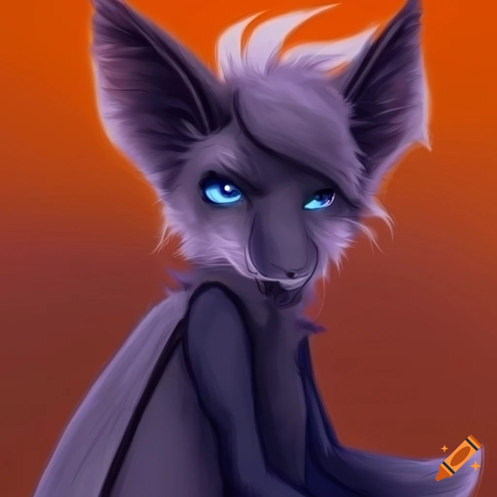 fullbody drawing of a gray and orange bat furry fursona