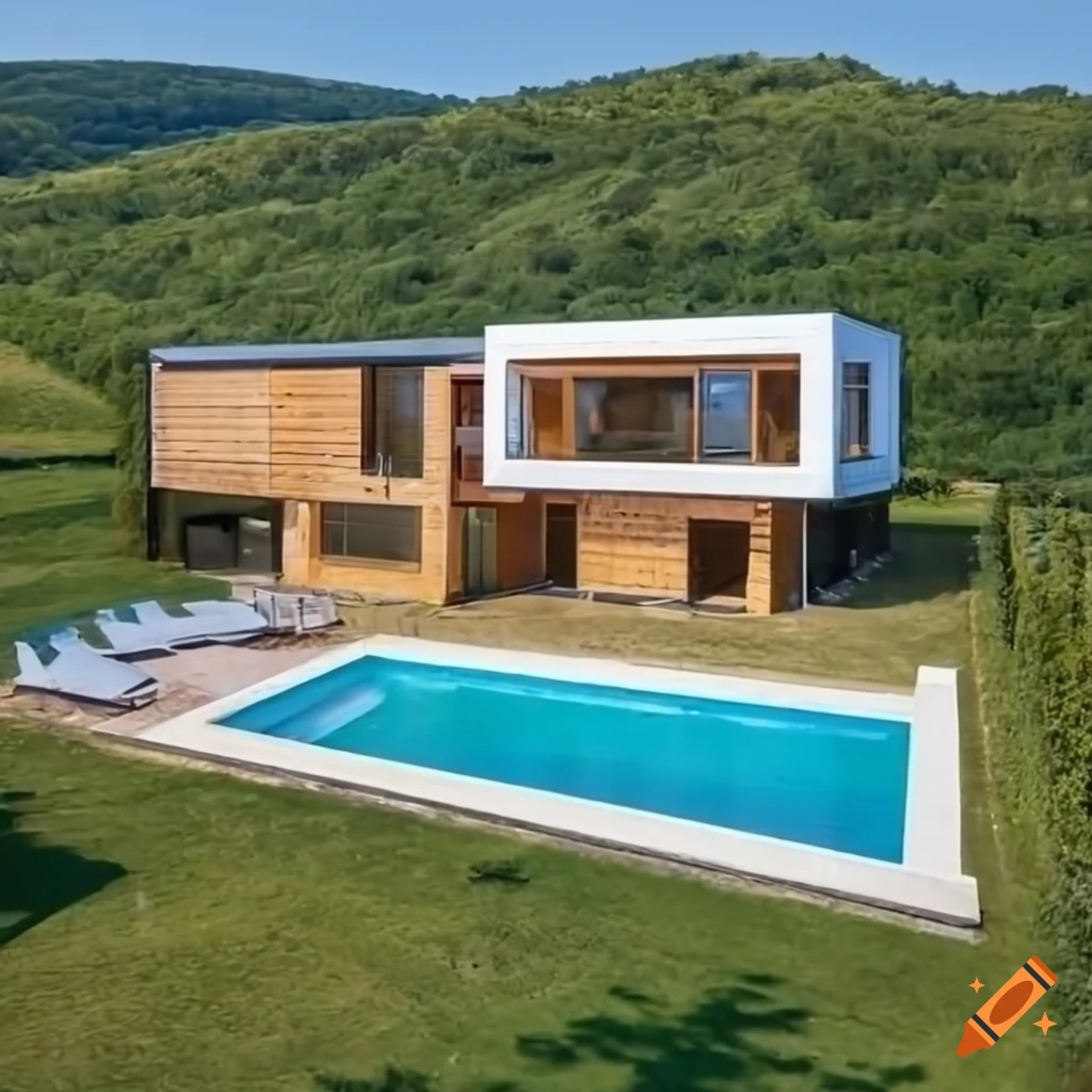 aerial view of a modern house with swimming pool