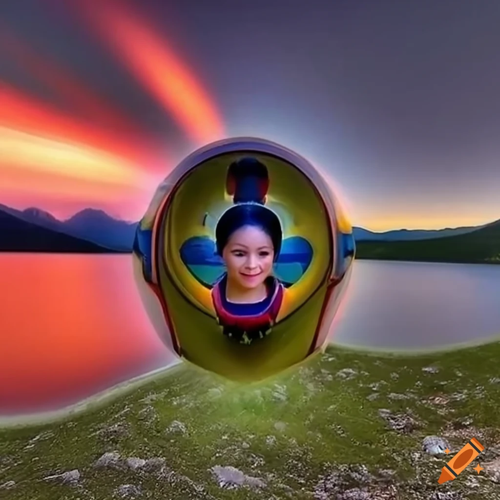 hyperrealistic portrait of a woman at a mountain lake sunset