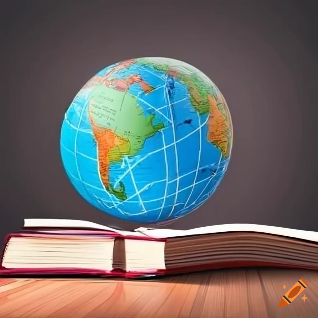 books in a room with a globe in the background