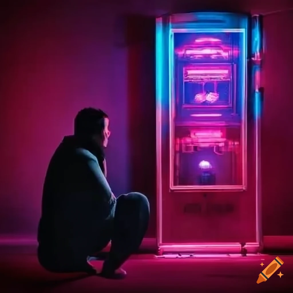 Man Pressing Button In A Neon lit Room Man pressing button in a neon lit room