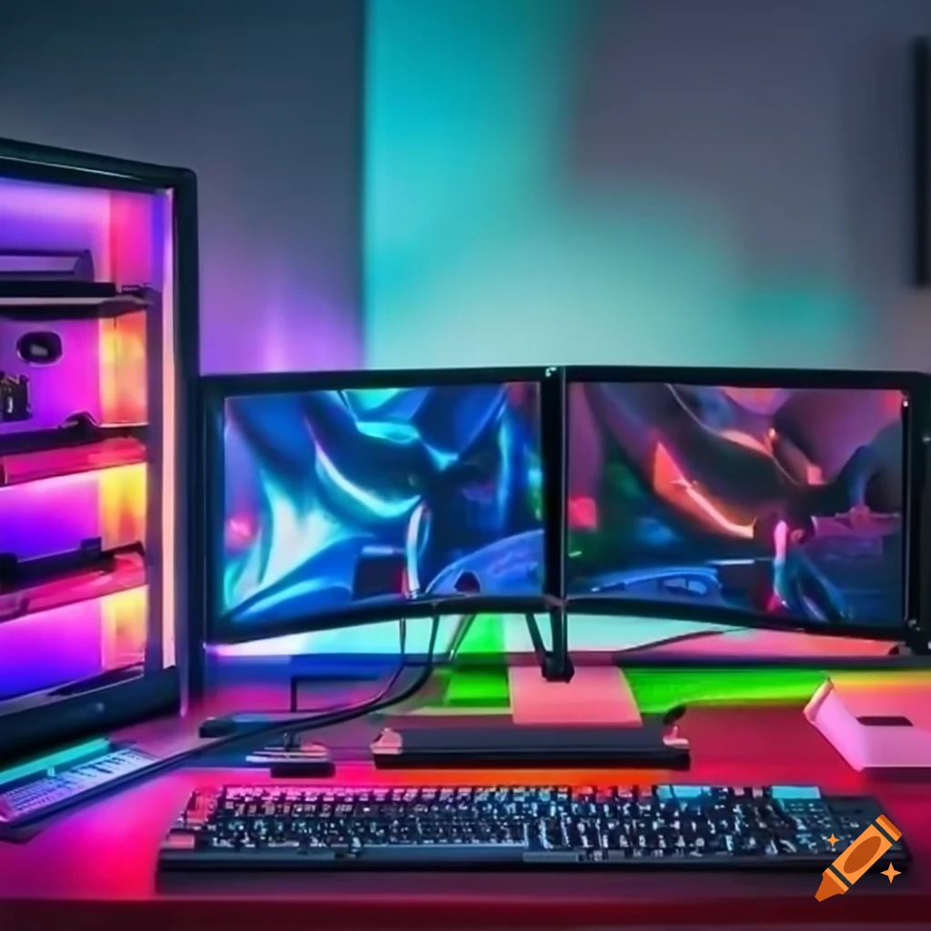 Premium AI Image  A gaming room with a pink and blue led light that is lit  up with a black keyboard and a monitor.
