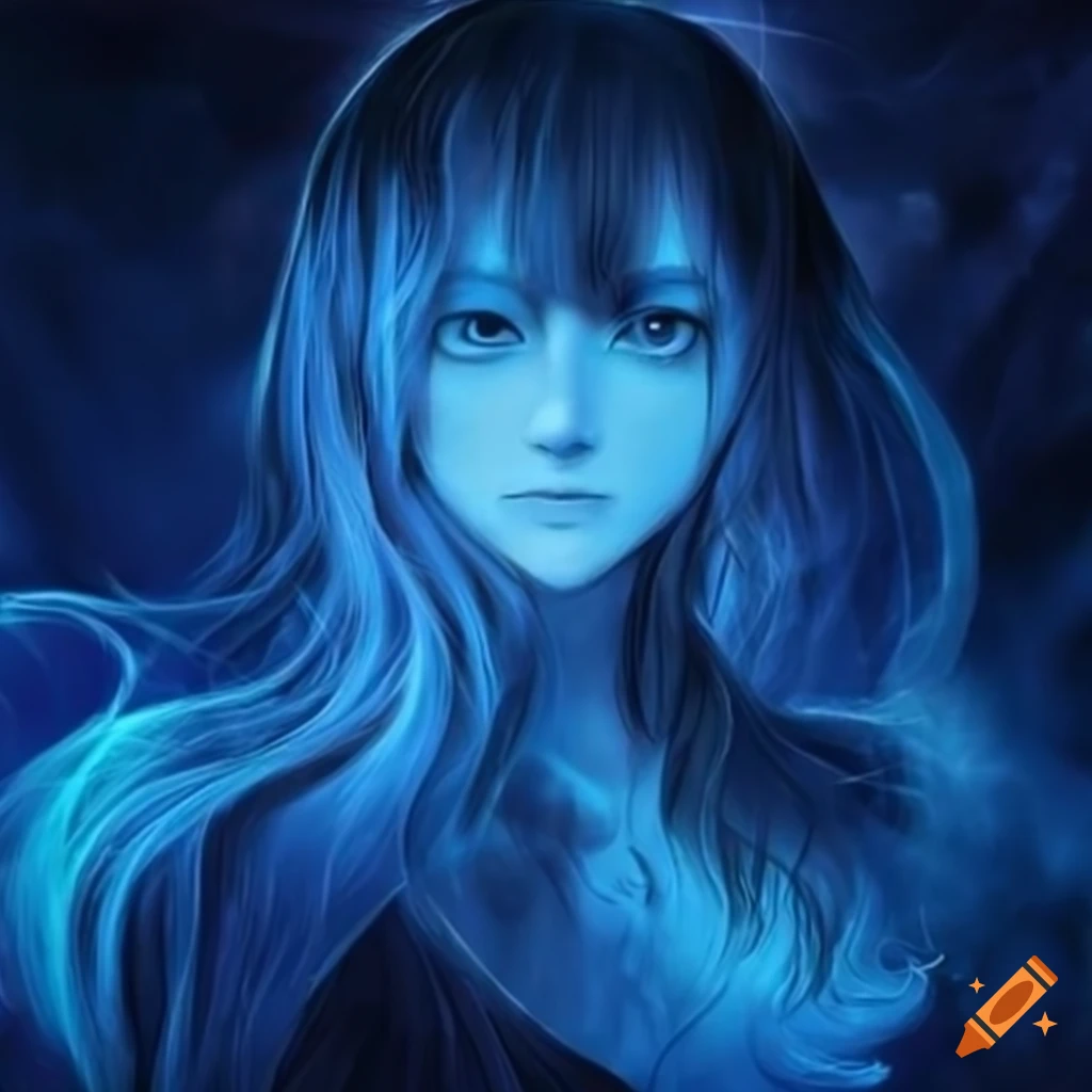 A melancholic anime girl with long black hair and gray ribbon on Craiyon