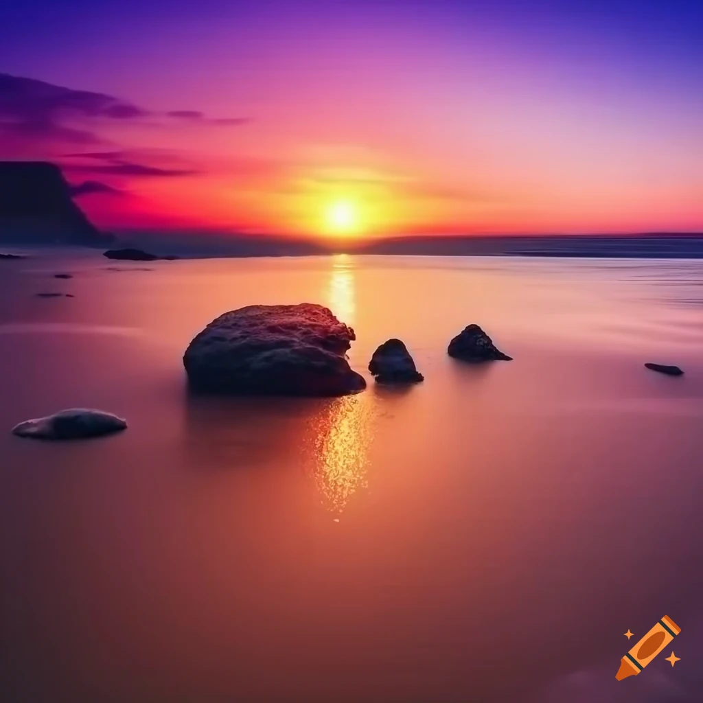 Beautiful sunset at the beach pink orange purple blue on Craiyon