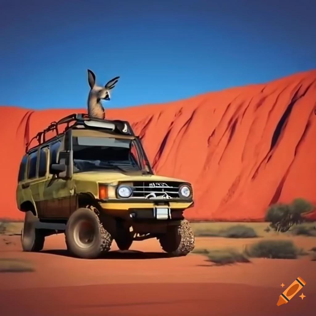 kangaroo posing in a offroad vehicle with Uluru in the background