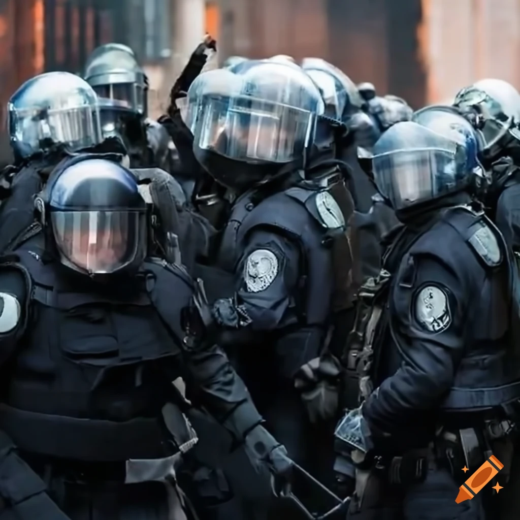 Riot police officers in full gear during a protest