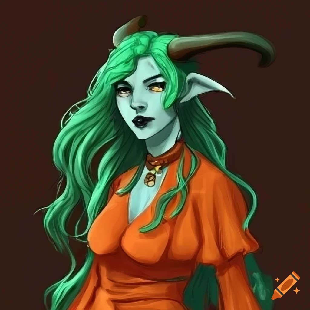 Rogue Tiefling With Green Hair And Orange Dress On Craiyon rogue-tiefling-with-green-hair-and-orange-dress-on-craiyon