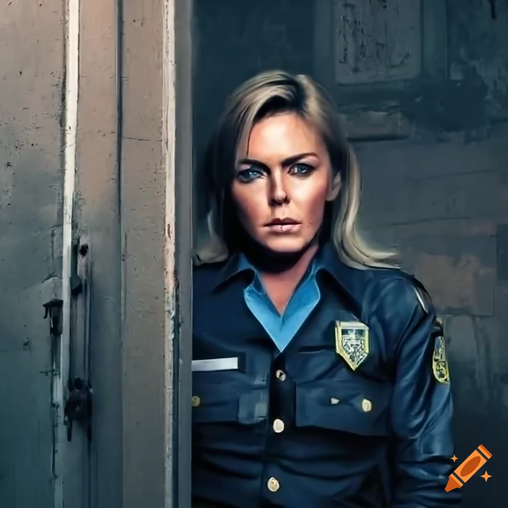 Close-up of a policewoman peeking through a door