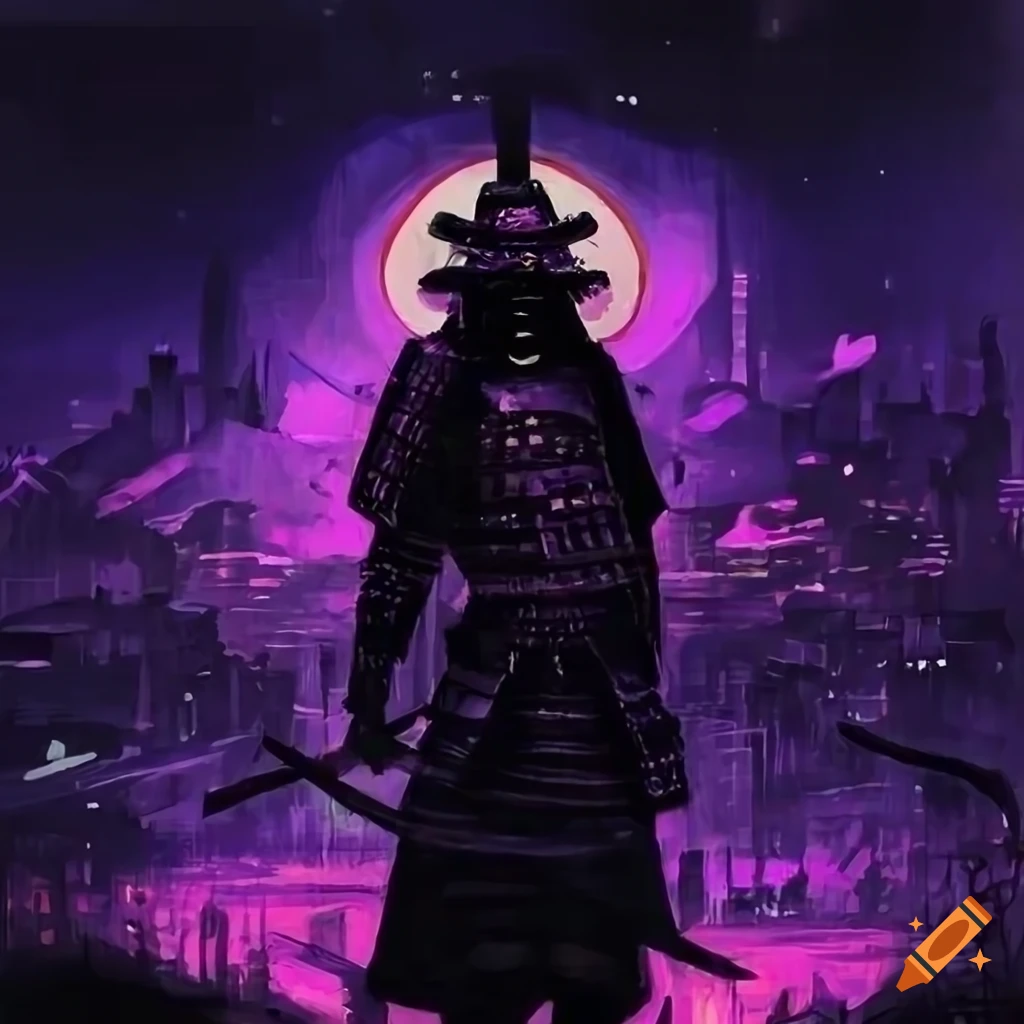 Painting of a futuristic samurai in a night city