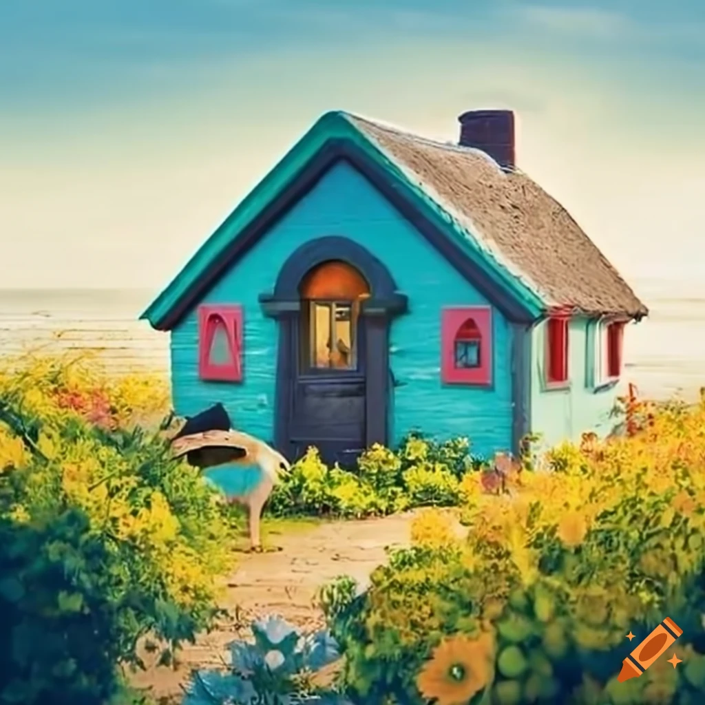 Cottage by the sea with animals and flowers on Craiyon