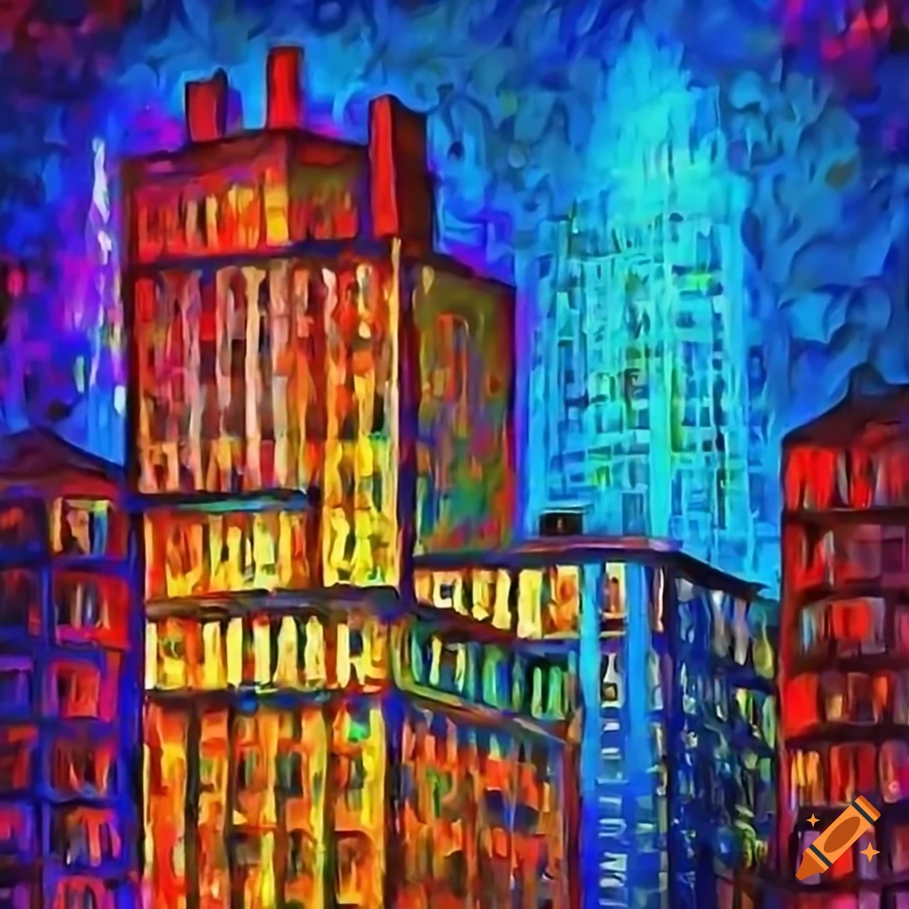colorful painting of skyscraper windows at night