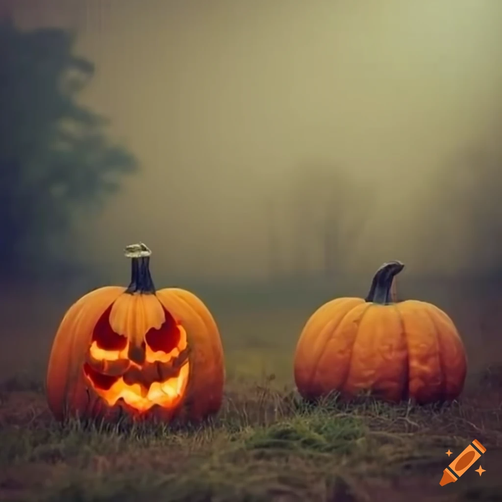 carved pumpkins in a foggy field with spooky ghost
