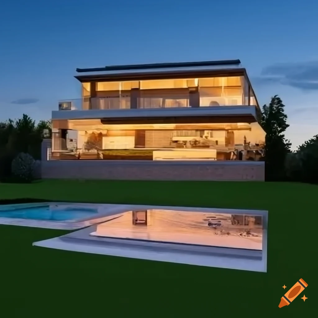 photorealistic image of a modern house with swimming pool on a hill