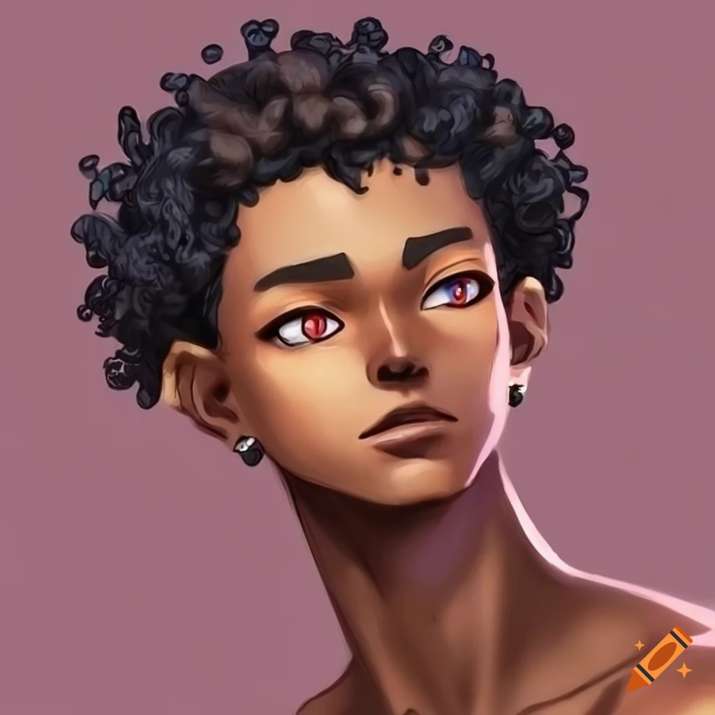 anime-inspired male character with dark brown skin and black curly hair