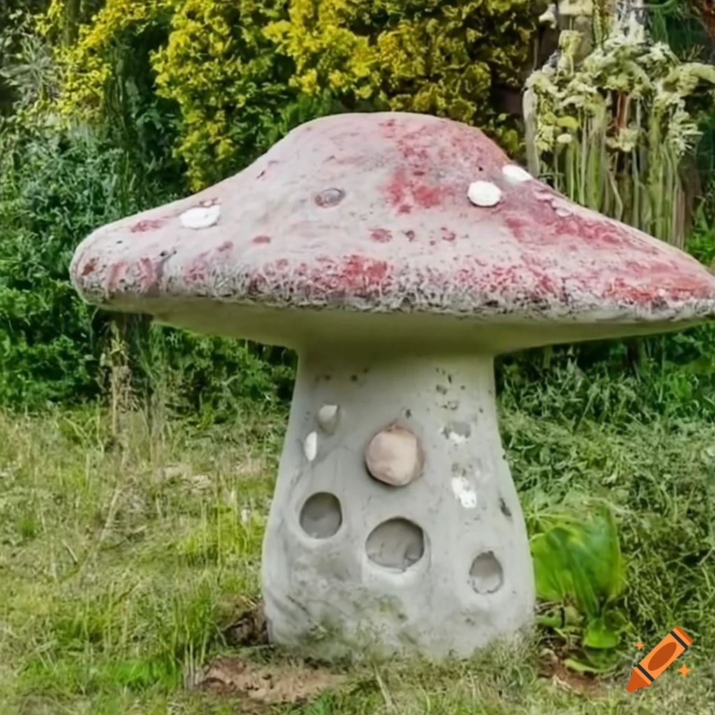 Concrete mushroom in a flower garden