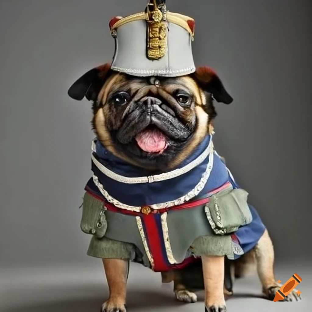Pug dressed in 1800s french military uniform on Craiyon
