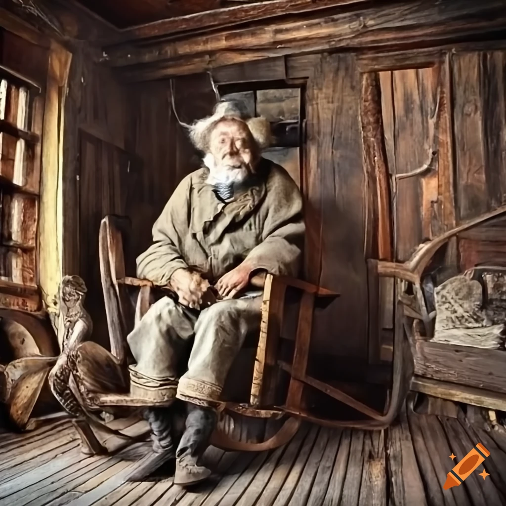 vintage gold prospector sitting alone in a cabin