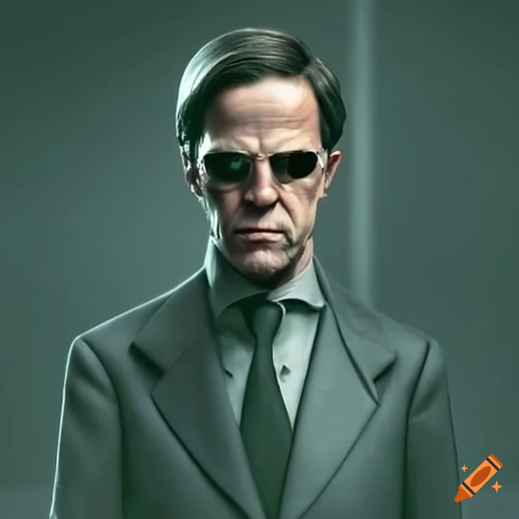 satirical depiction of Mark Rutte as Mr. Smith from the Matrix