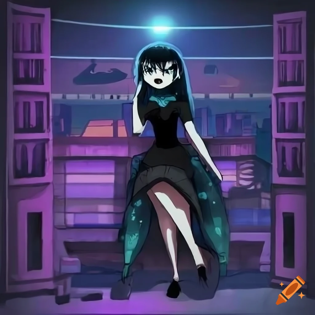 anime character in futuristic outfit sitting in a bedroom with city view