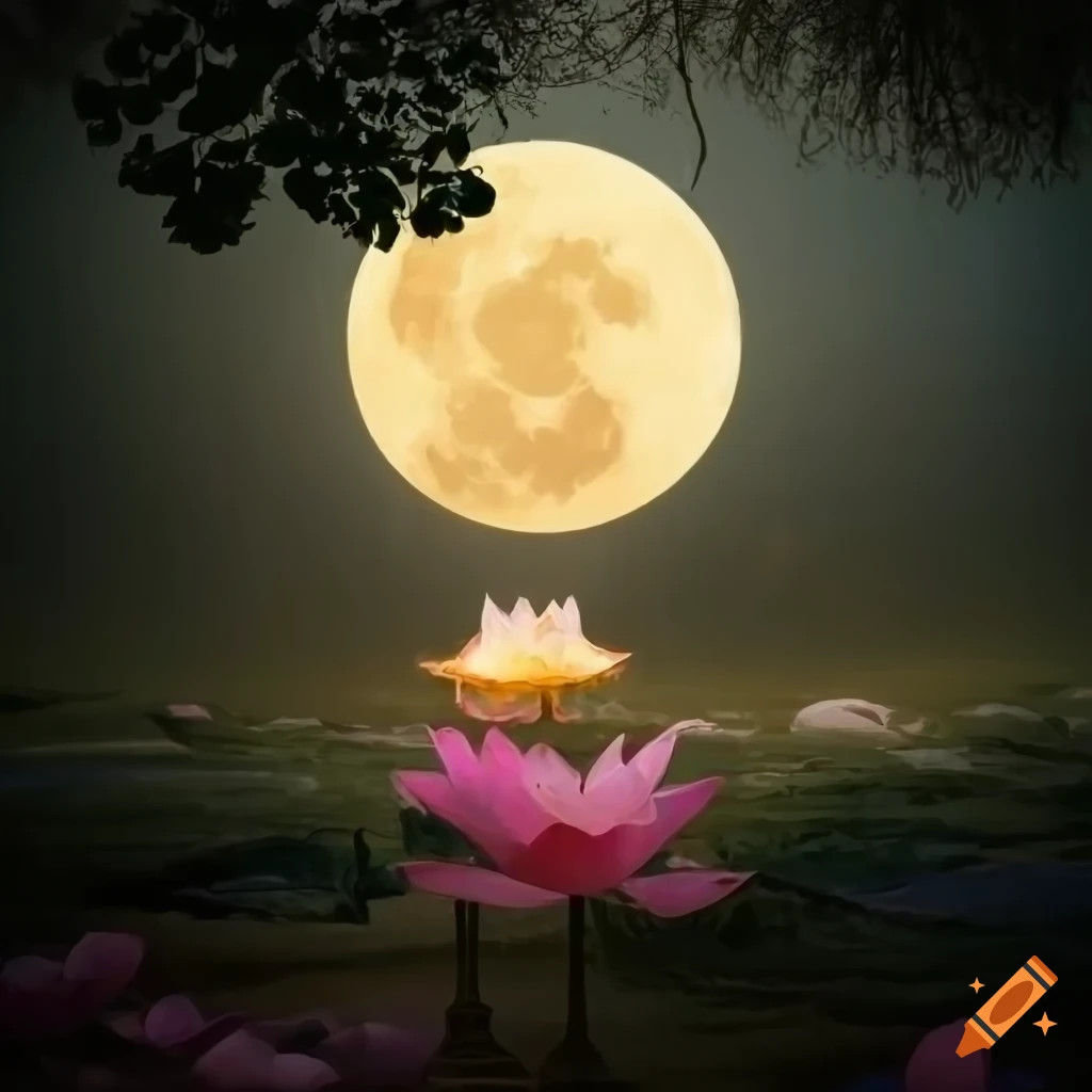 buddha-statue-under-a-sacred-bodhi-tree-with-lotus-flowers-and-a-full