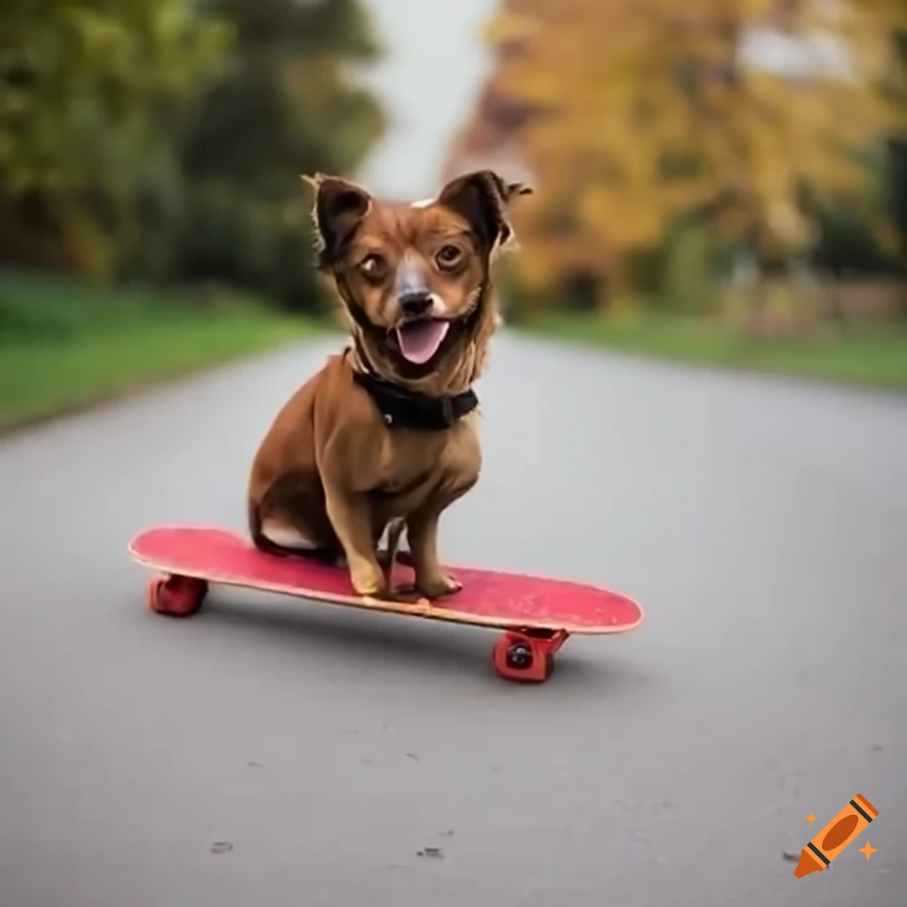 Dog on a red skateboard