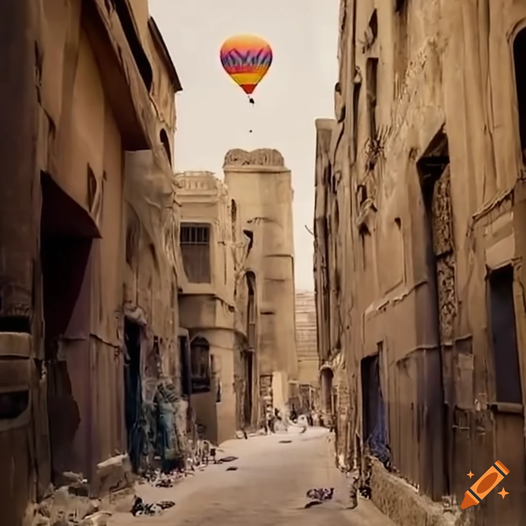 hot air balloons flying over Egyptian backstreets